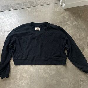 Black Cropped Sweatshirt with Subtle Eyelet Detail